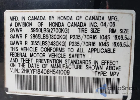 2006 Honda Pilot Ex z USA, uszkodzony, nr VIN 2HKYF18406H541009